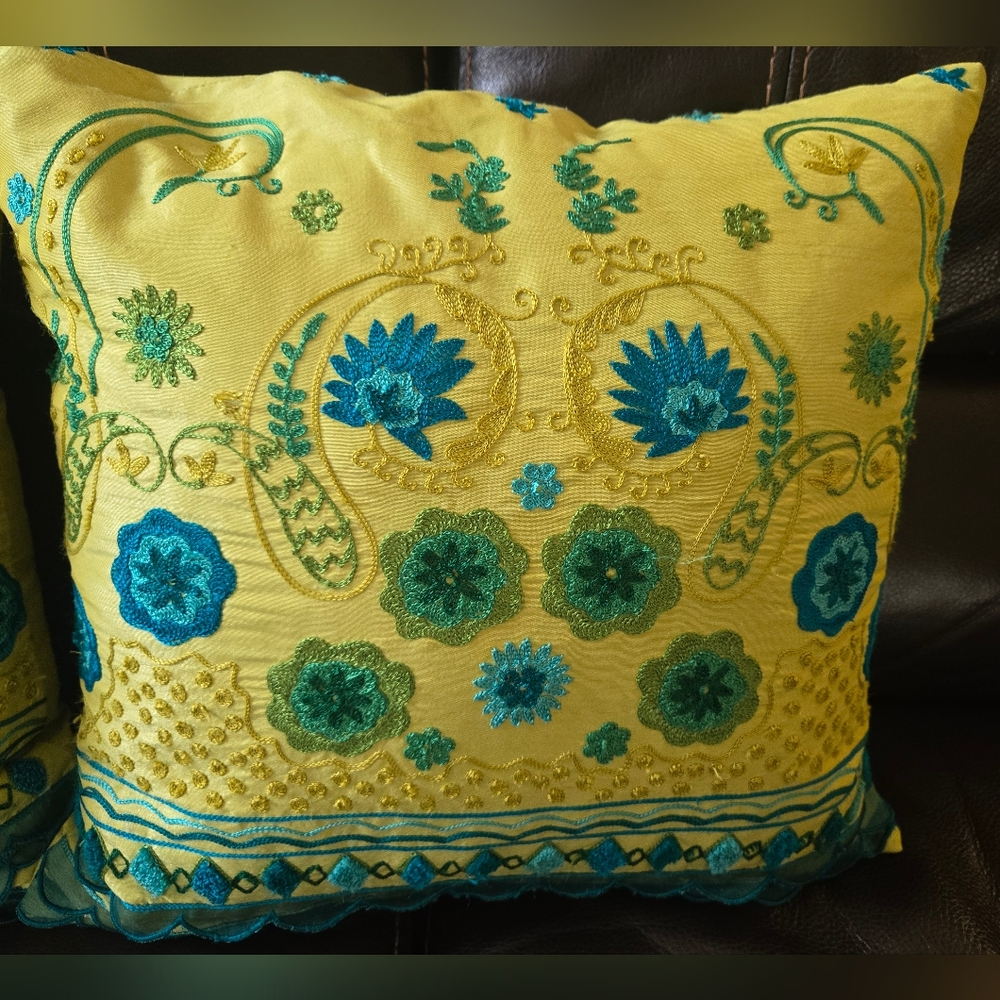 Lime Green & Teal Embroidered Decorative 2 Toss Pillow Covers - Picture 3 of 7